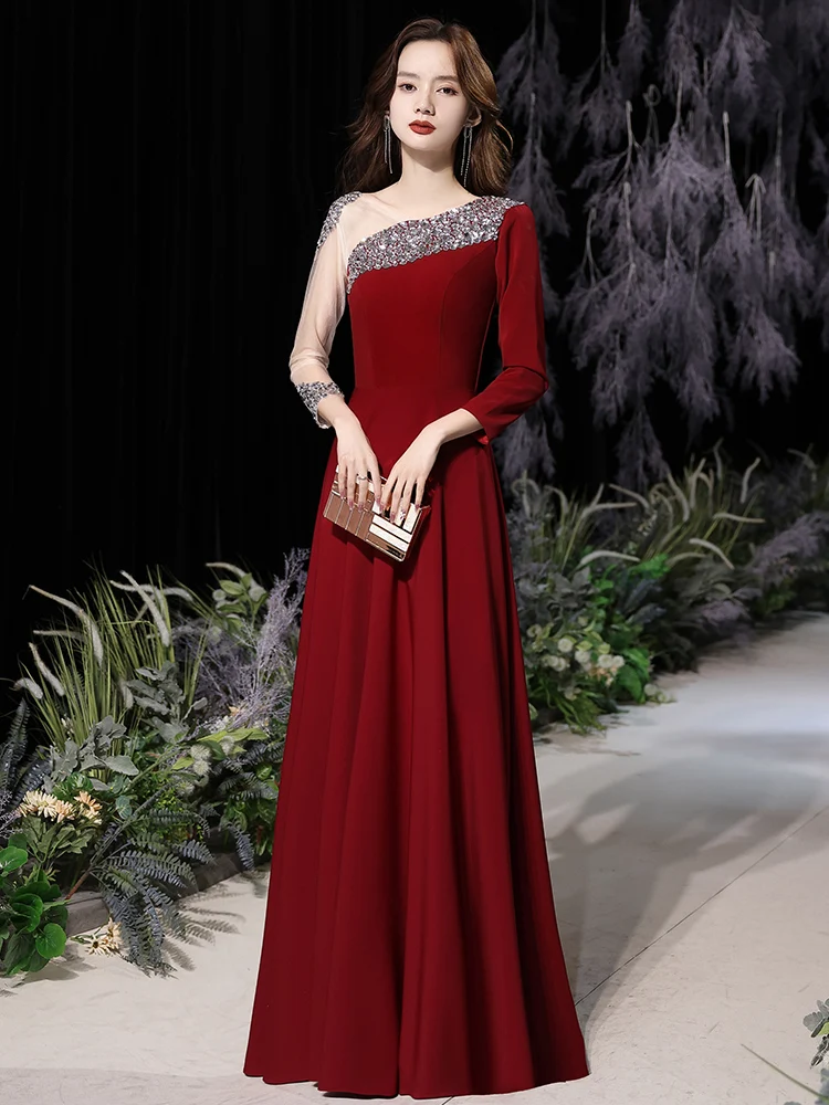 Long Sleeves Evening Dresses Wine Red 2022 Elegant A-Line Floor-Length Spandex Satin Women Formal Gowns With Rhinestones