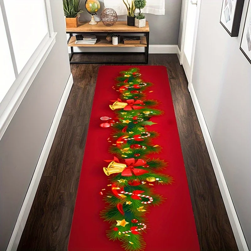VIKAMA Festive Xmas Corridor Runner Rug Bright Red Base Pine Sprig Shiny Holiday Ornament Pattern Wear‑resistant Household Floor