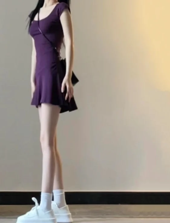 Elegant French Urban Purple U-Neck Dress - usage example
