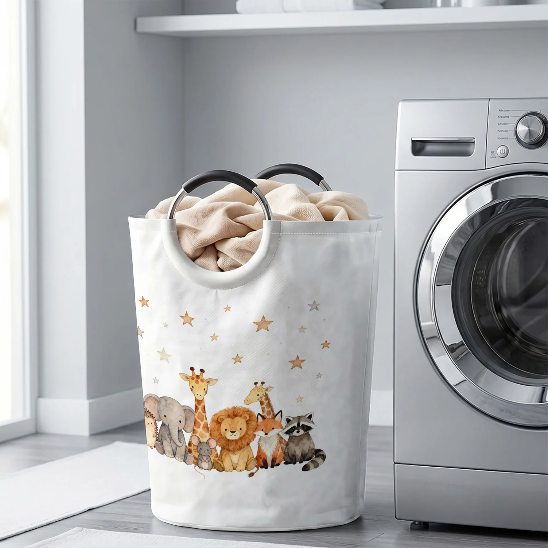 Watercolor Safari Animals with Stars Print Handheld Storage Basket, For Laundry, Bedroom & Home Sundries Storage