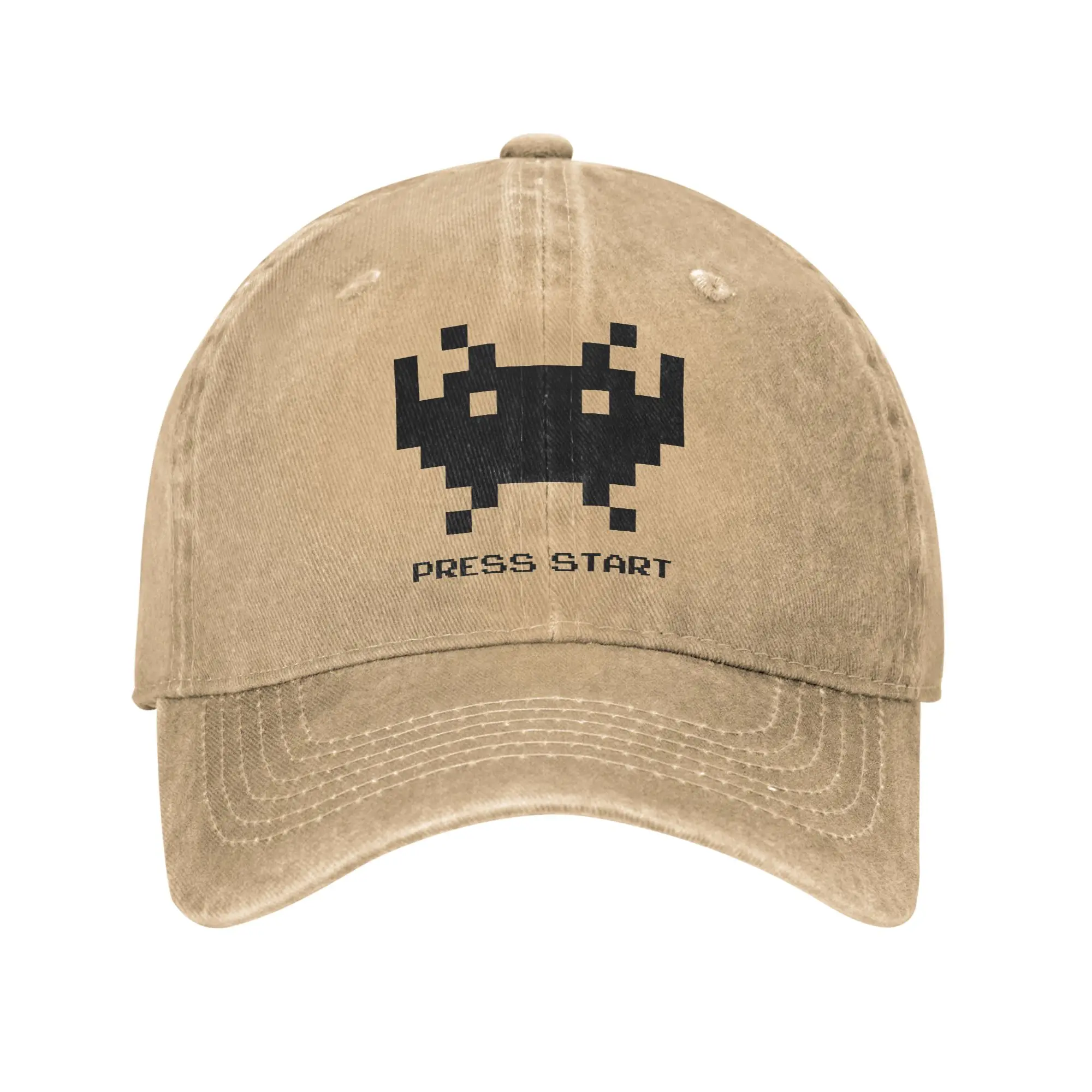 Vintage Space Invaders Baseball Cap Unisex Distressed Denim Snapback Cap Press Start to play Workouts Adjustable Caps Hat