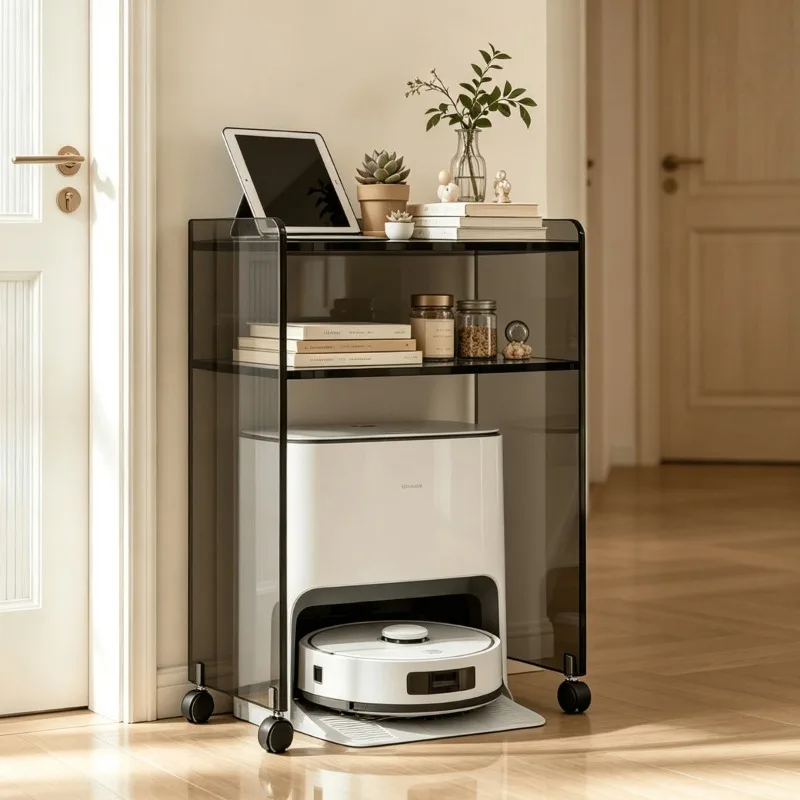 Acrylic simple shelf, sweeping robot storage rack, movable storage cabinet, living room with wheel edge