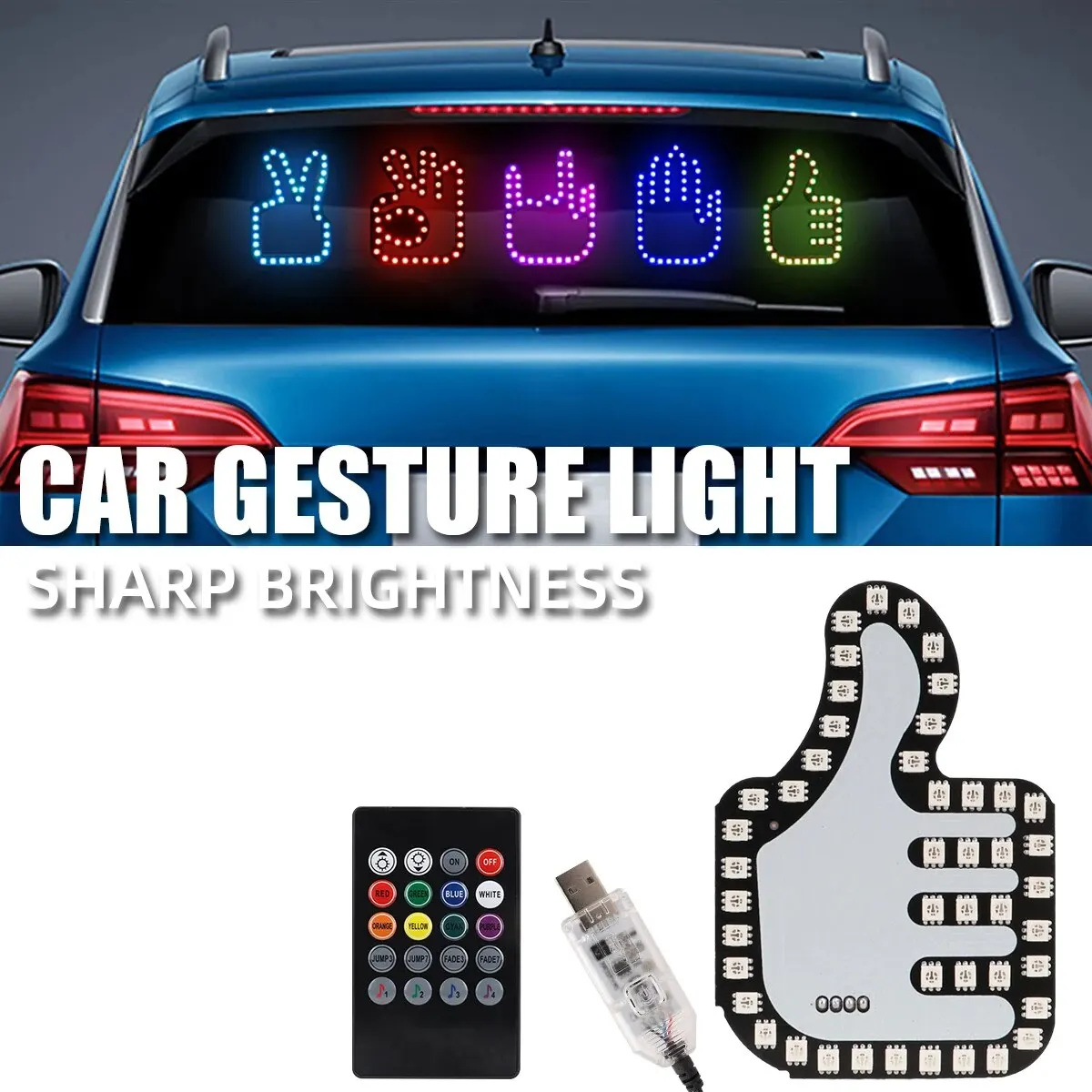 1pcs Car Finger Funny Light With Remote Gesture Hand Lamp Sticker Glow Panel Victory OK Signs Car Window Sign Interactive Light