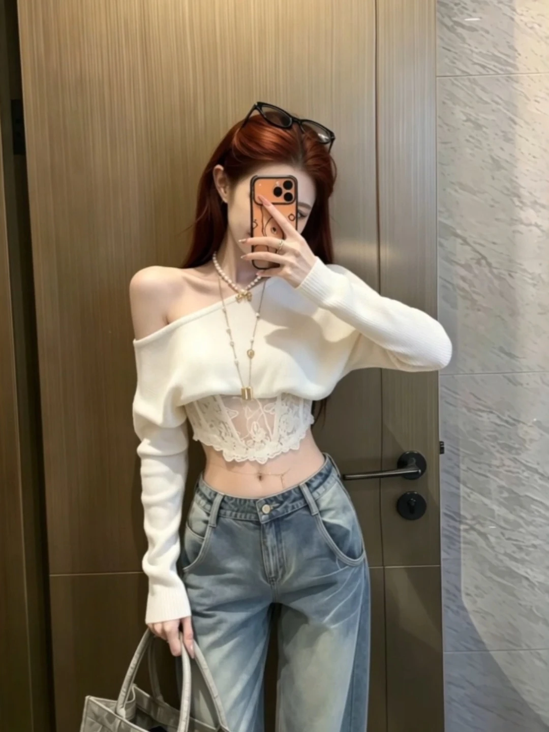 Shoulder Bared Lace Splice Knitted Sweater Women's Style Slim Fit Long Sleeve Short Length Autumn New Design Sensation White ...