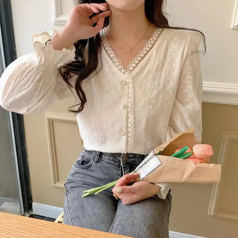 Flare Sleeve Shirt Women Рубашка Женская Office Lady Lace Patchwork New Design Korean Fashion V-neck Elegant Casual Simple Ins