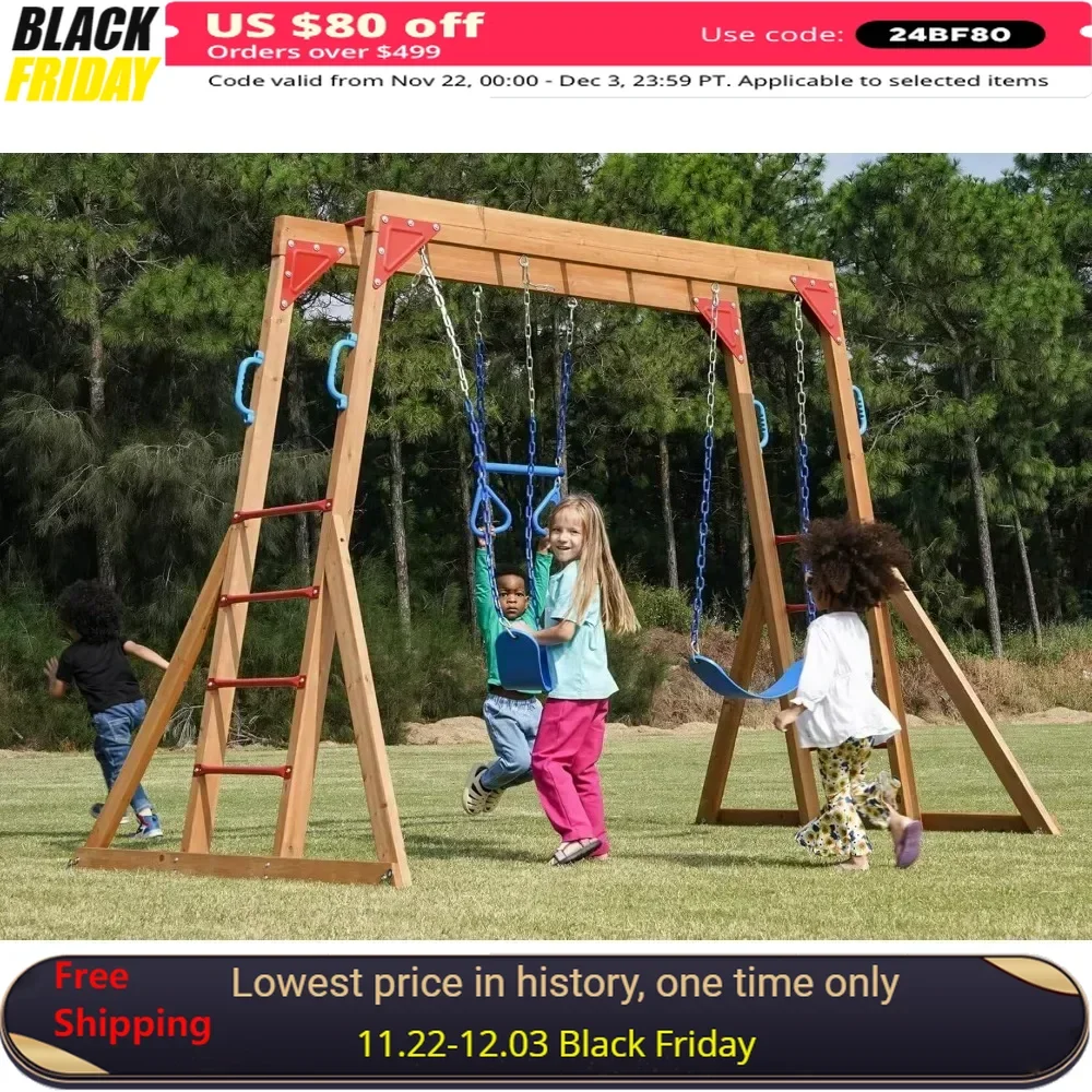 Wood Swing Sets, Kids Outdoor Play Equipment, Outdoor Playset for Kids with Trapeze Swing Bar and 2 Belt Swings, Playground Kids