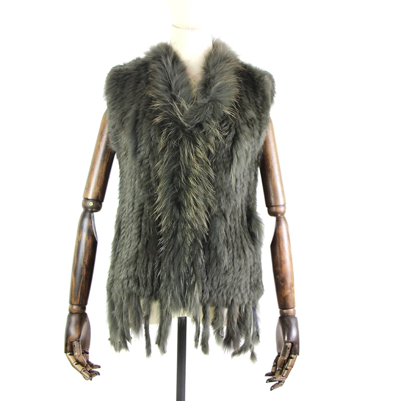 high quality Hot Sale Retail/wholesale Raccoon Dog Fur Collar Trim Women Knitted Natural Rabbit Fur Vest Gilet/waistcoat