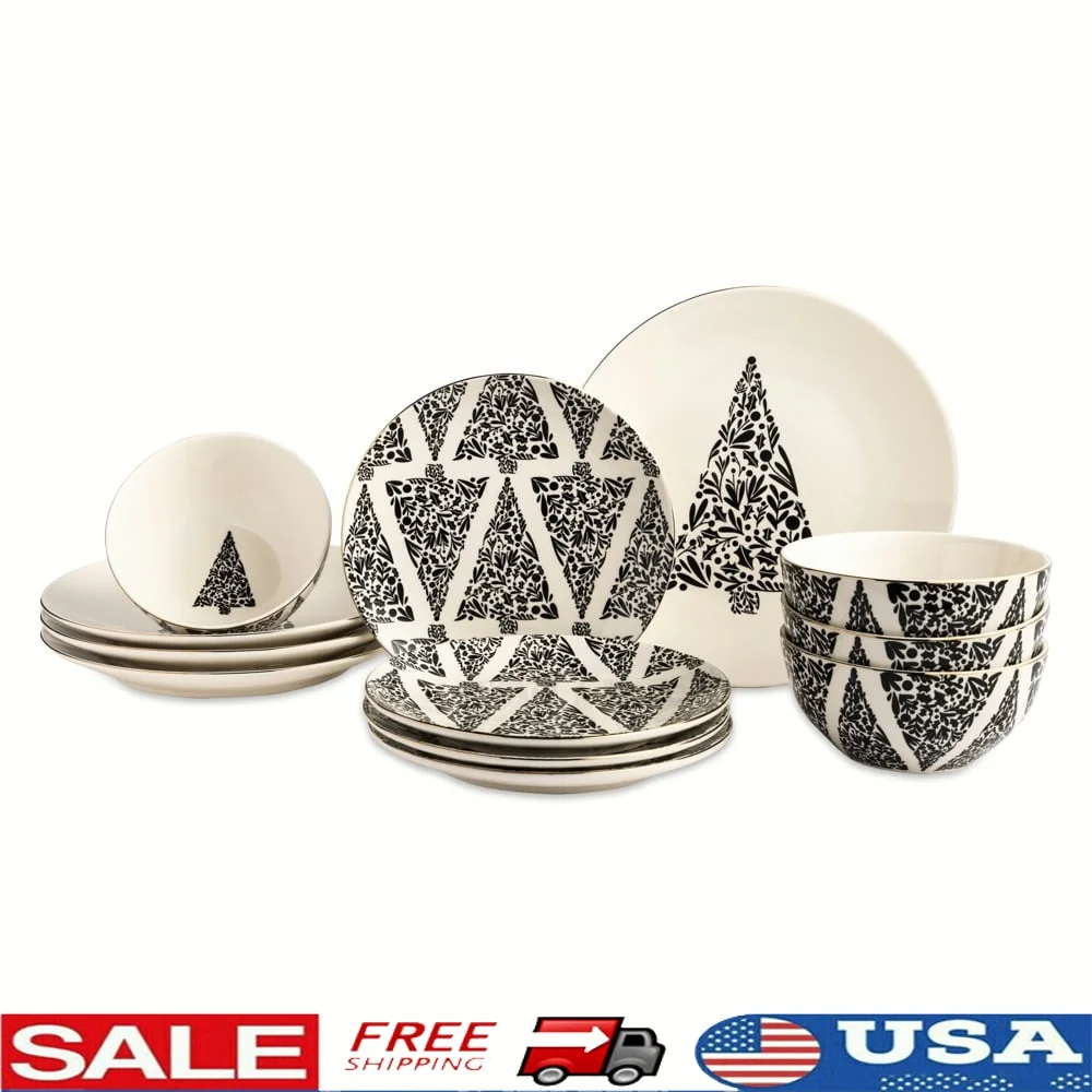 

12-Piece Ceramic Dinnerware Set 4 Holiday Tree Design Microwave Dishwasher Safe Durable Stoneware Bowls Plates