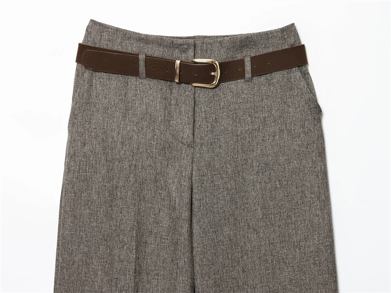 Pantalon femme 2025 automne nouveau Style couleur kaki avec ceinture rayure diagonale Design Simple mode décontractée adapté aux déplacements domicile-travail