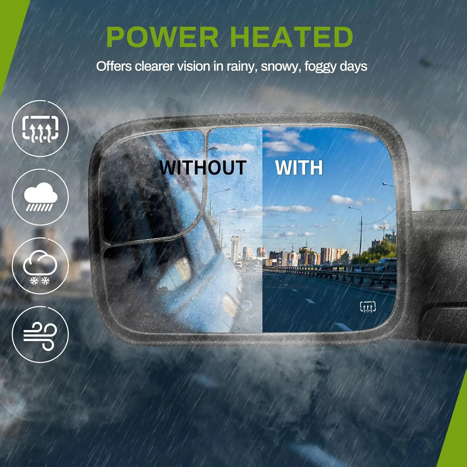 Towing Application, Premium Material, Black, Power Heated Adjustable Flip-up Mirror