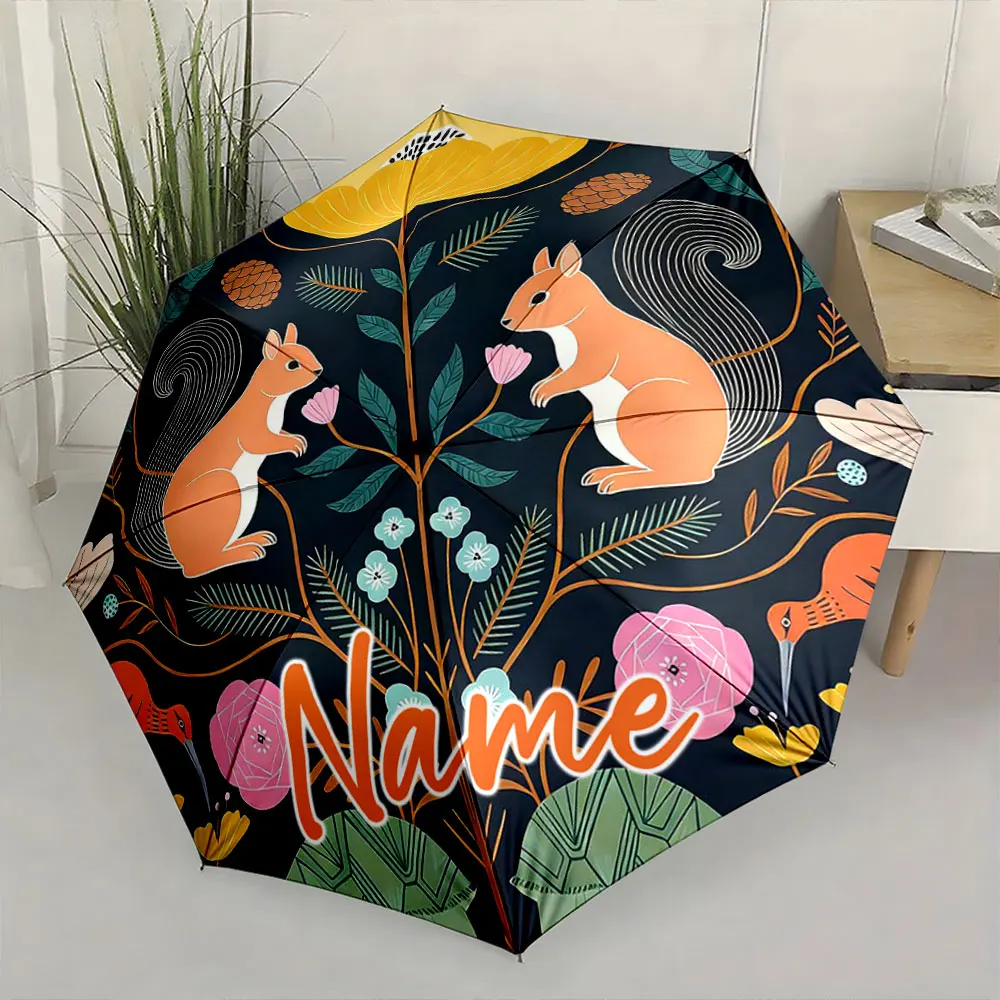 Custom Name Colorful Umbrella with Squirrel and Floral Design Print 8 Iron Ribs Folding Umbrella Auto-Open Fashion Sunshade