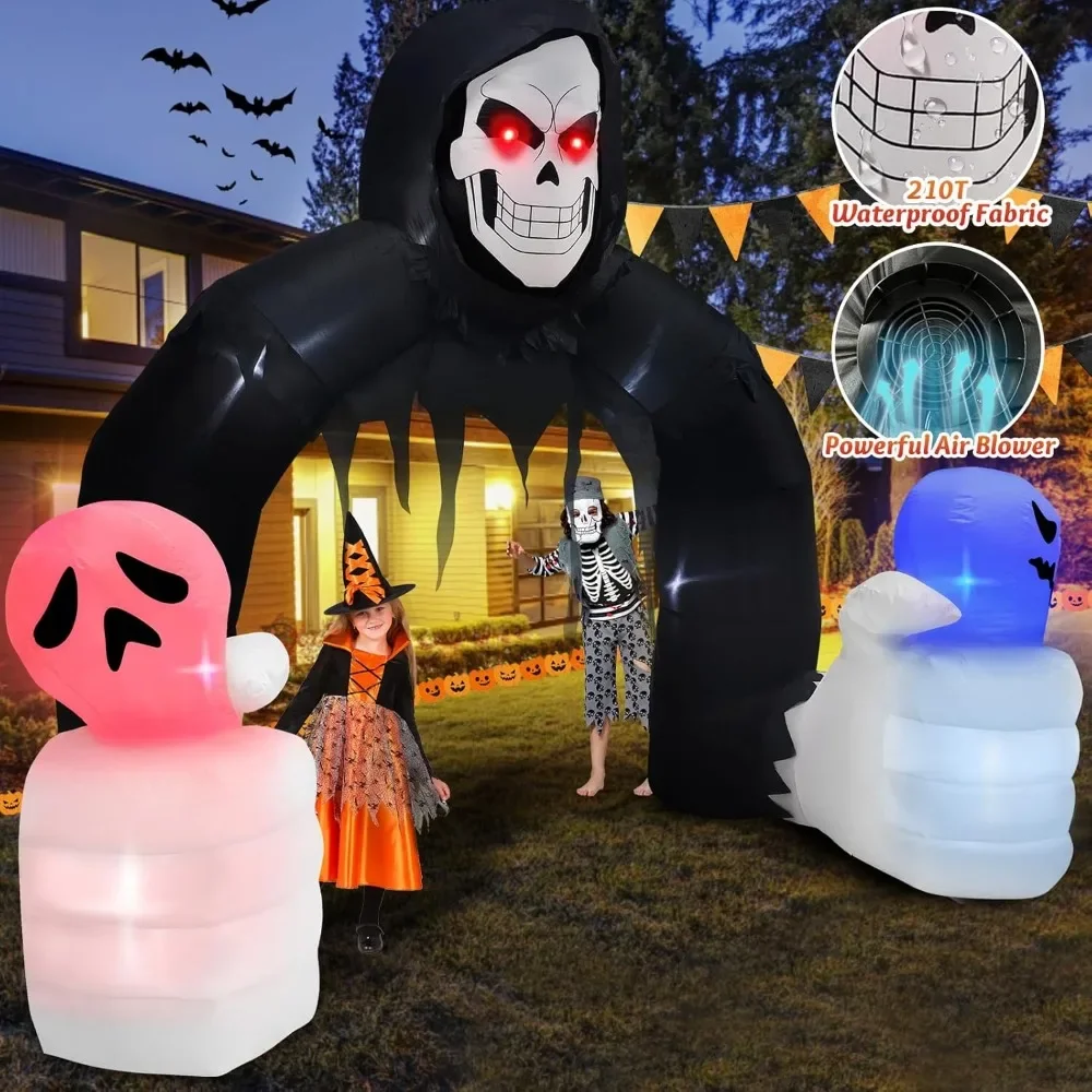 Halloween Inflatables Grim Reaper Archway Outdoor Decorations, Scary Inflatable Halloween Arch Built-in LED Lights Blow Up