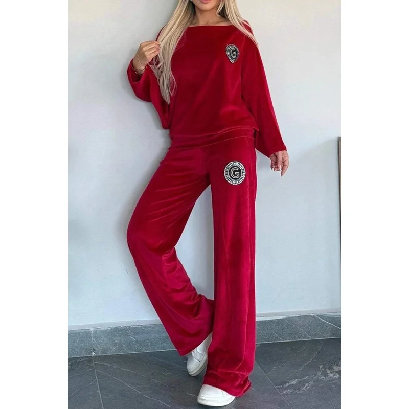 العصرية المرأة قطعتين الدعاوى الخريف الشتاء الذهبي المخملية الصلبة س الرقبة الخفافيش كم عادية موضة جديدة قبالة الكتف 2 قطعة مجموعة #6