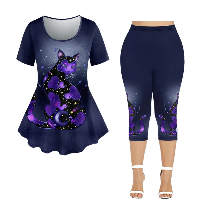 Plus Size Women's Cartoon Cat Star Cloud Printed T-shirt Or Capri Legging Feel Free To Match By Yourself Casual Outfits