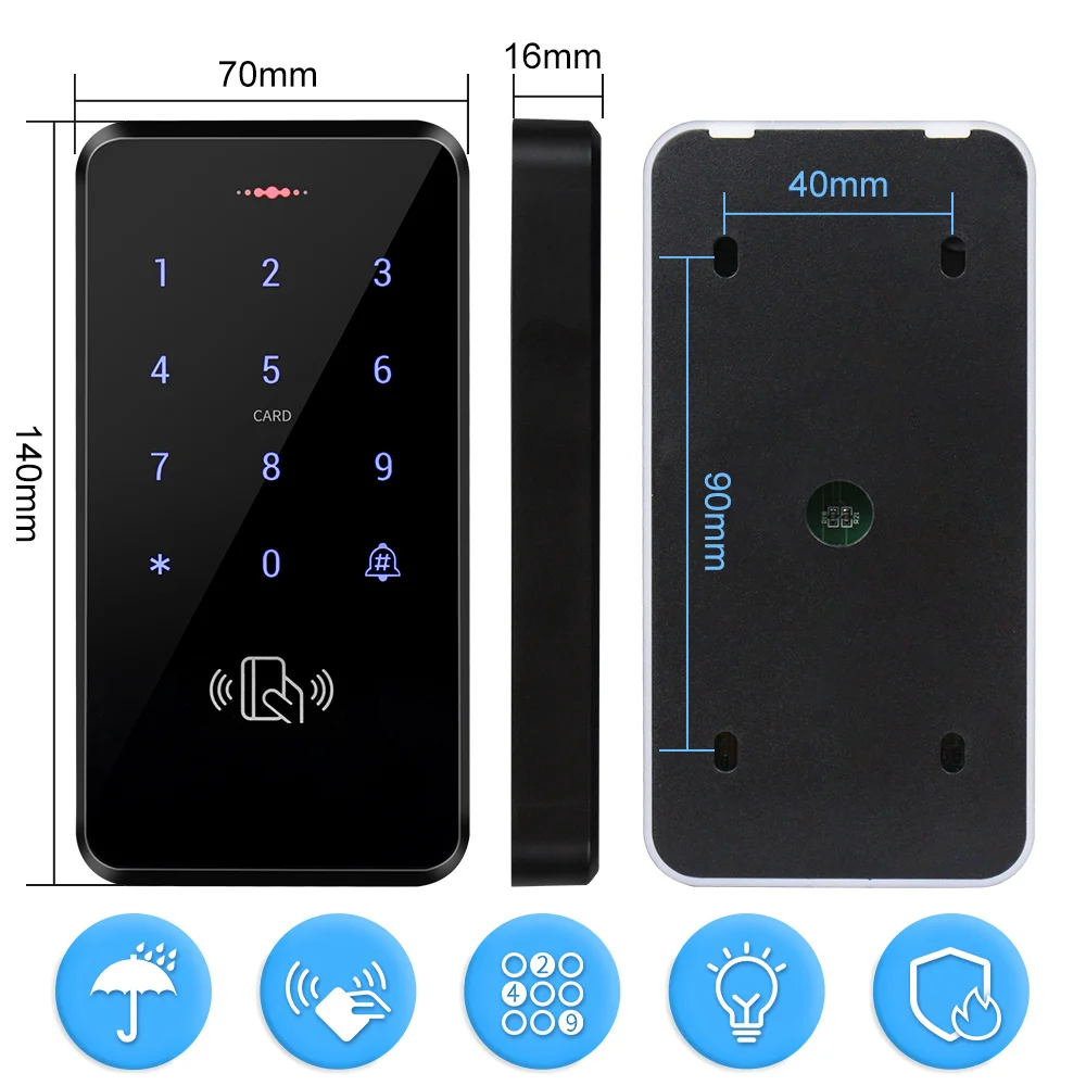 125KHz RFID Touch Keyboard IP68 Waterproof Access Control Keypad Controller Digits Lock Door Opener System Electronic Key Cards