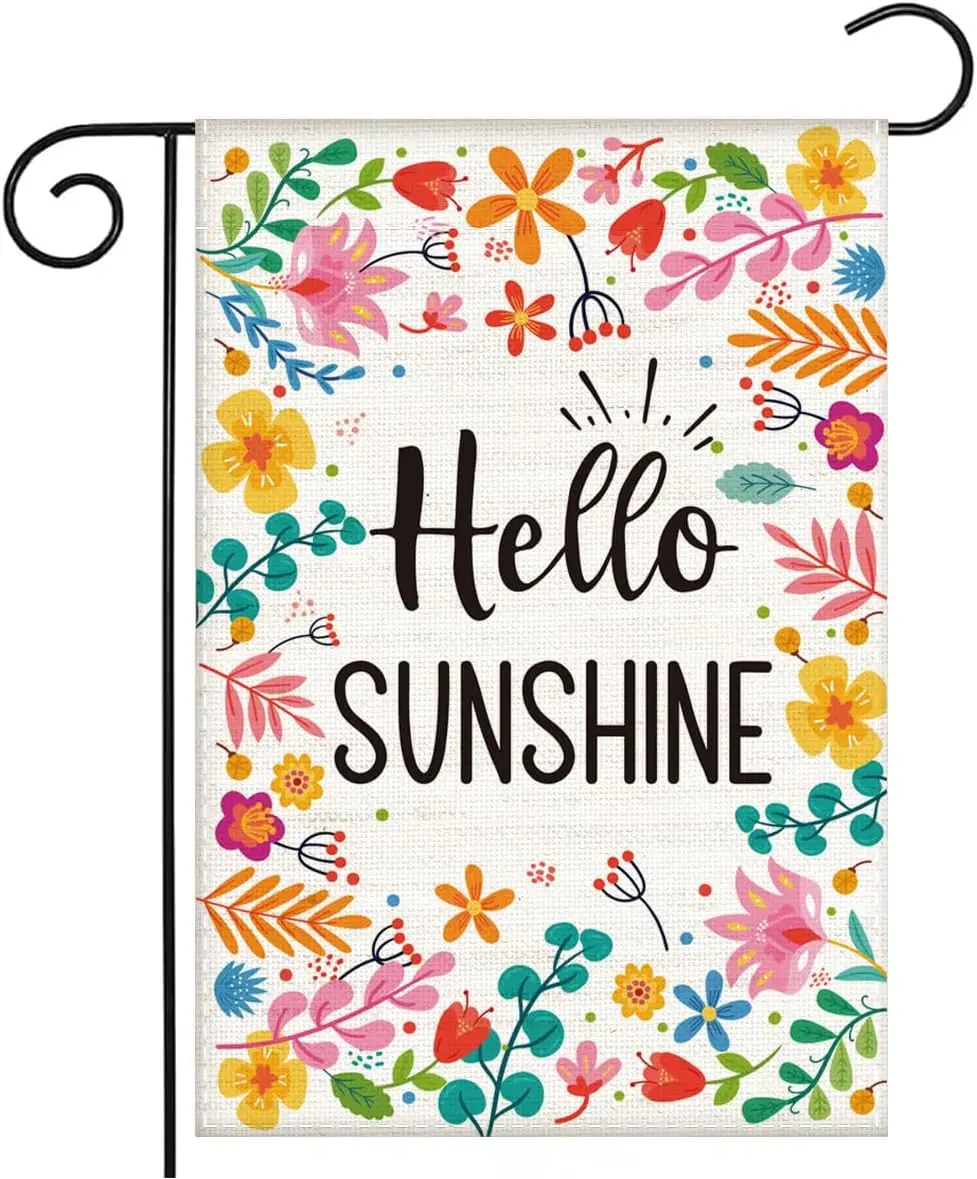 Floral Spring Garden Flag - Double Sided Hello Sunshine Burlap Seasonal Small Yard Flag for Lawn & Patio Outdoor Decorat LLX PPM