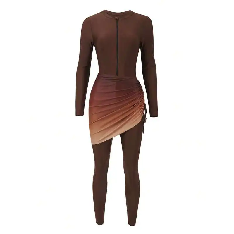 JEWELRY SEN Women Modest Burkini Swimsuit Long Sleeve Front Zip Gradient Wrap Skirt Full Coverage Muslim Beach Suit Swimwear
