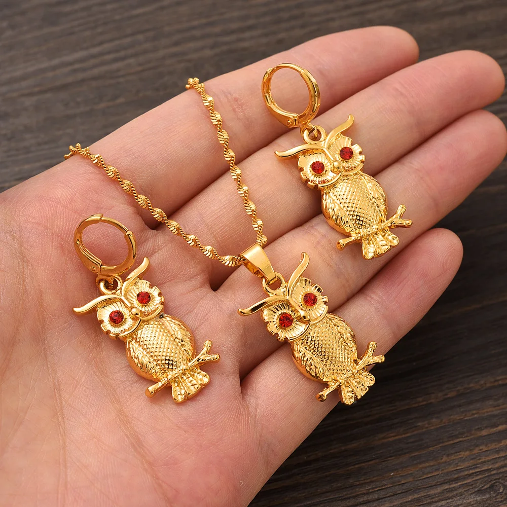 

24k Gold Plated Africa Red CZ Owl Jewelry Necklace pendant Earrings wedding Birthday Party Jewelry Sets For Women Girl Gift