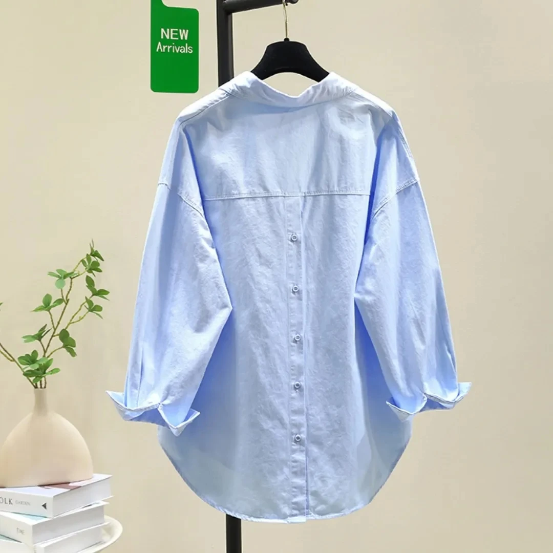 Cotton Long sleeved Women's Autumn Top New Korean version Loose Back slit Design Fashion Casual Shirt Medium length Female