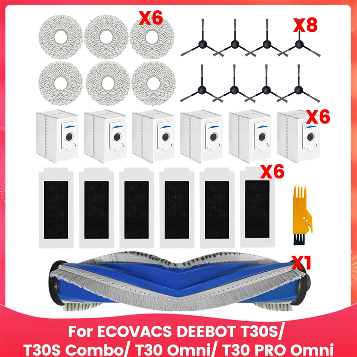 T27C For ECOVACS DEEBOT T30S/ T30S Combo/T30 Omni/T30 PRO Omni Robot Vacuum Accessories Main Side Brush Mop Filter Dust Bags