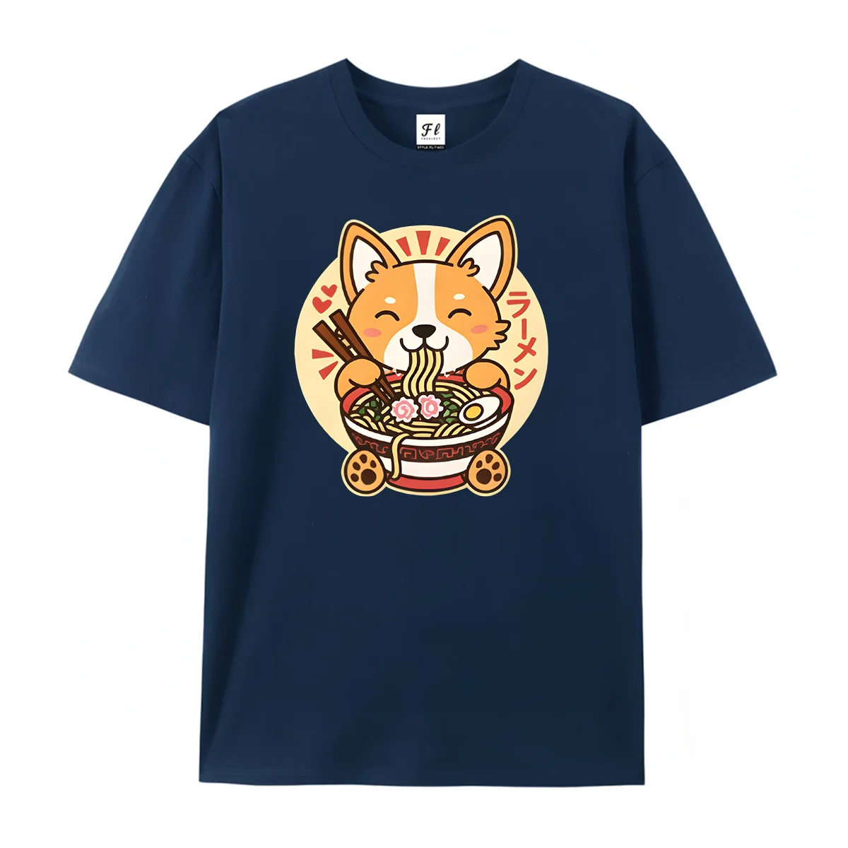 Cute Corgi Dog Eating Ramen Noodle Bowl Graphic T‑Shirt Kawaii Japanese Anime Pet Food Retro Round Sunburst Decor Print Shirts