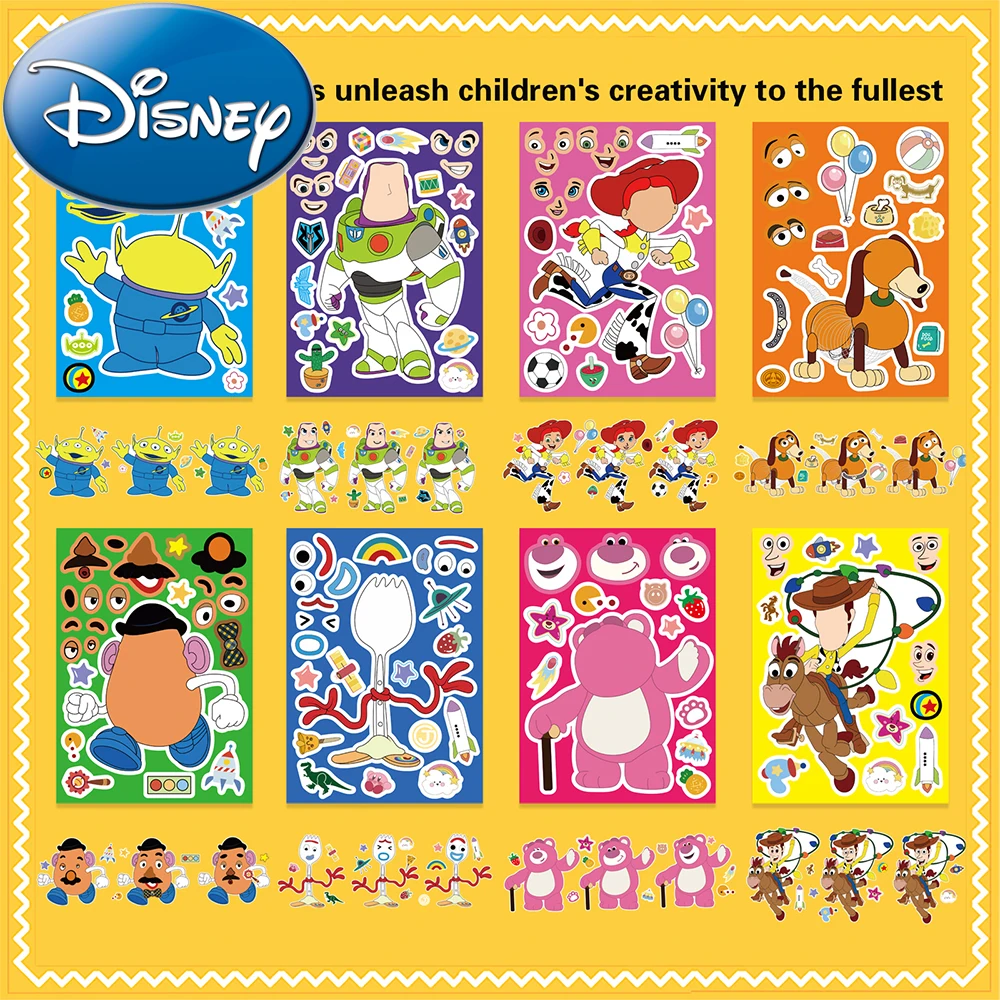 

8/16sheets Disney Toy Story Cartoon Puzzle Stickers Make a Face Sticker Children Assembly Jigsaw Toy Funny Kids Party Game Gifts