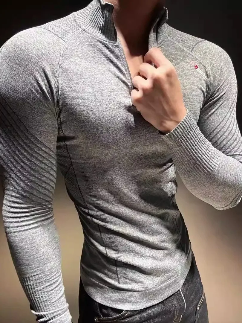 Men's Fitness Clothing Seamless Long Sleeve Training Sportswear Snake Skin Pattern Half Zipper Quick Dry Tight Body Sportswear