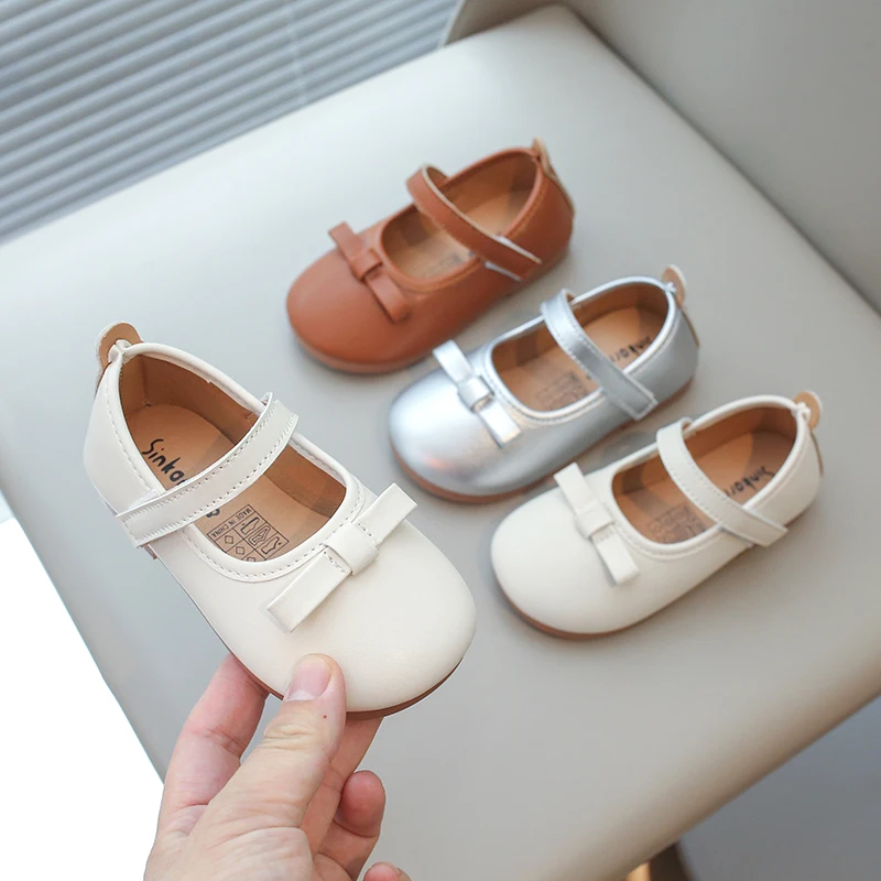 Toddlers Girls Leather Shoes for Wedding Party Light Weight Soft Princess Shoes with Bow-knot Simple Fashion Autumn Kids Flats