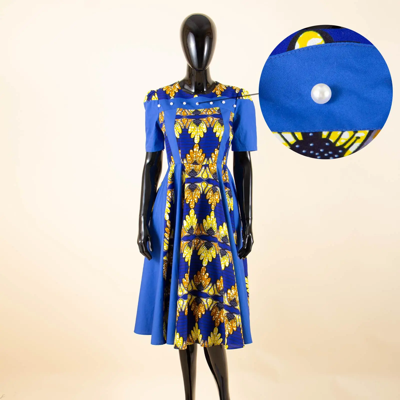 African Women\'s Dresses Ankara O-Neck Patchwork A-line Short Sleeve Dress Dashiki Printed Party Wedding Dresses