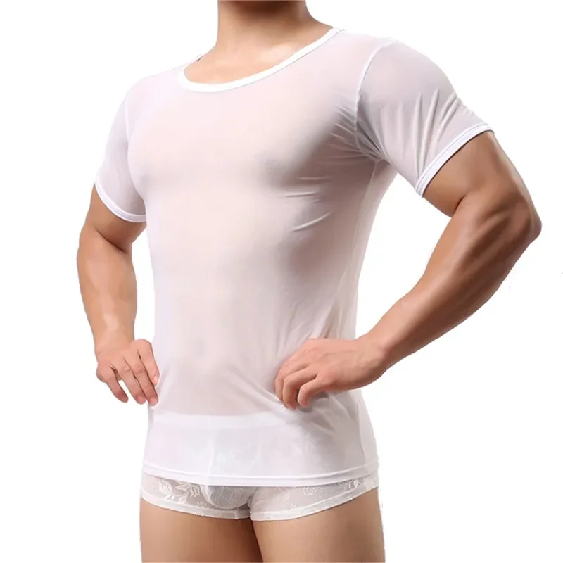 Sexy Men Undershirts Transparent Sheer Short Sleeve T Shirt Sports Fitness Casual Underwear Breathable See Through Tops Tees New