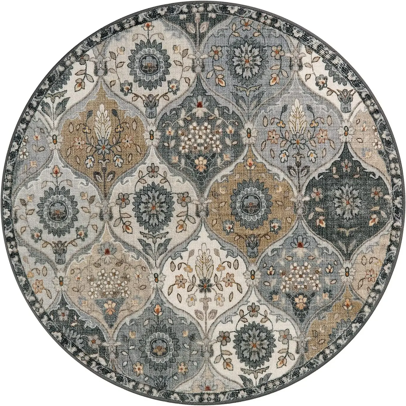 Boho Round Area Rug Polyester Washable Vintage Floral Medallion Design Blue Gray Beige Bohemian Living Room Decor Accent Carpet