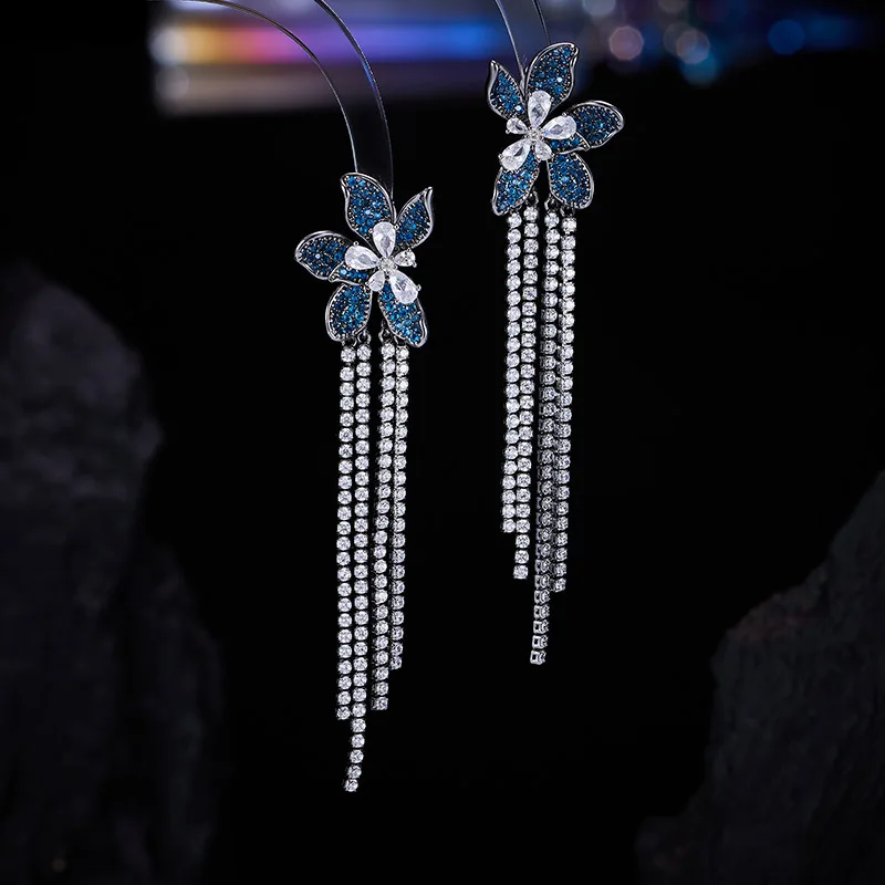 

Новые роскошные синие кристаллы с длинными кисточками и цветами для женщин, модные элегантные висячие серьги с кубическим цирконием, ювелирные изделия, подарки
