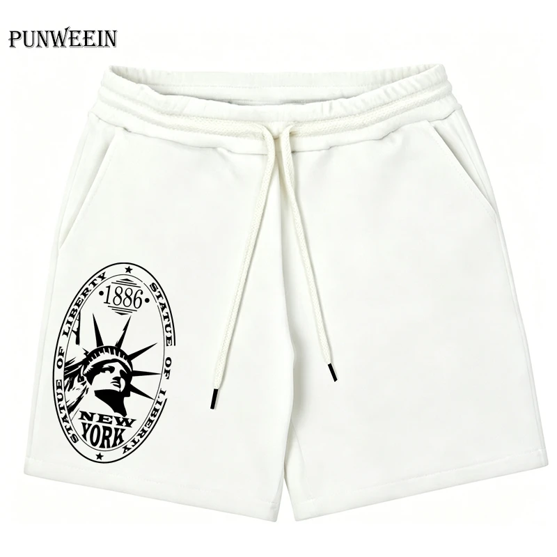 Vintage New York Statue Of Liberty Print Sweat Shorts Hip Hop Streetwear Loose Drawstring Elastic Waist Point Sweatpants Unisex