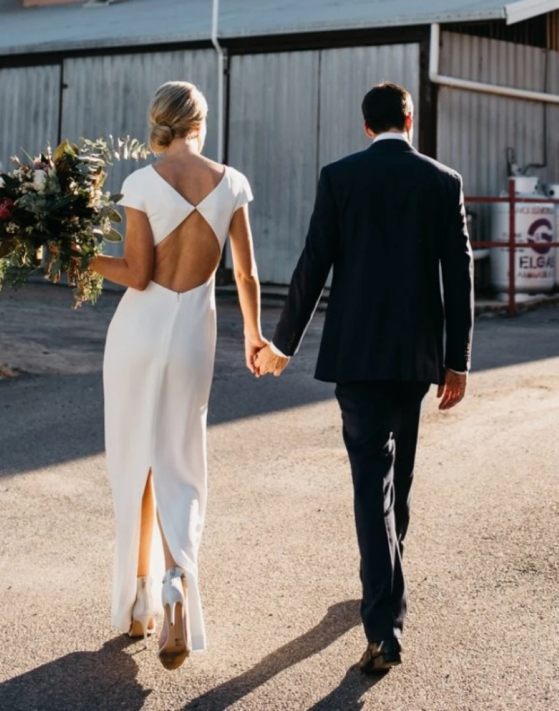 

Simple Wedding Dresses Round Neck Short Sleeve Slim Floor-Length Dresses For Bridesmaid Party Banquet