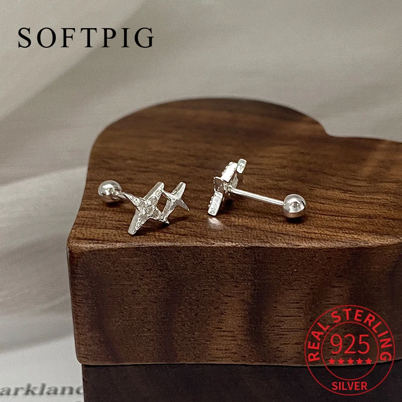 

SOFTPIG Real 925 Sterling Silver Stars Piercing Screw Bead Mini Stud Earrings for Women Fine Jewelry Light Luxury Accessories