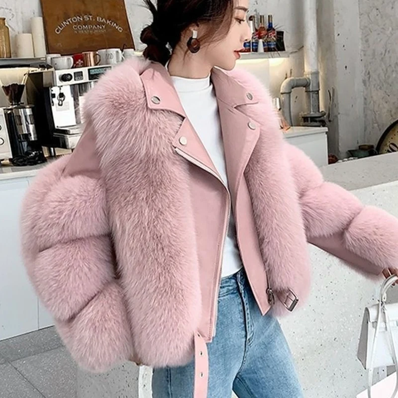 2023 Pu Leather Faux Fur Motorcycle Jackets Women Fashionable Warm Short Fox Fur Jacket Autumn Winter Ladies Luxury Short Coat