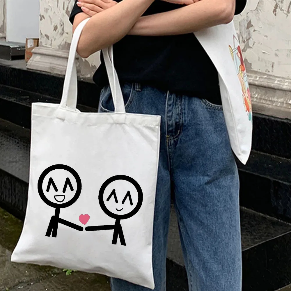 Śmieszny Uśmiech Prosta Śliczna Para Linia Sztuka Kij Figury Miłość Serce Damska Bawełniana Torba na Zakupy Płótno Torebka na Ramię Kobieta