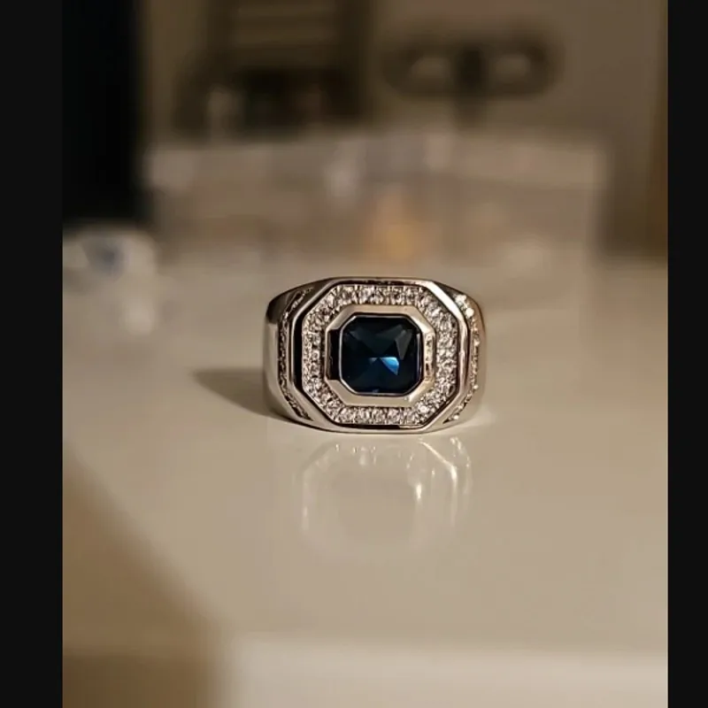 Luxury 925 Sterling Silver Square Blue Sapphire Ring Engagement Wedding Rings for Men boys Jewelry Christmas Gift