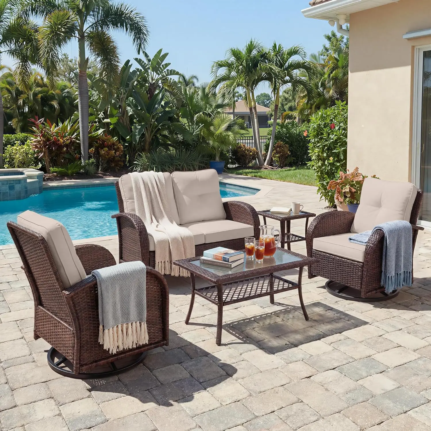 

Комплект плетеной садовой мебели с высокой спинкой, поворотные кресла, всепогодные, для бесед, 4 места, для террасы, двора, веранды, на заказ