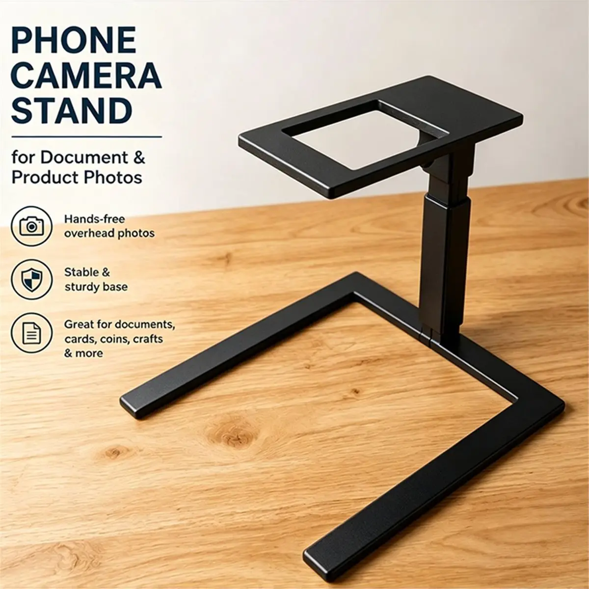 Overhead Phone Camera Stand, Adjustable Desk Phone Holder for Document Scanning, Video Recording and Content Creation