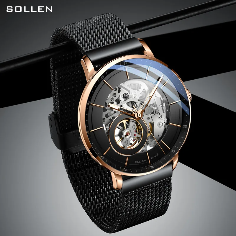 SOLLEN Men Watch Fashion Skeleton Dial Creative Mechanical Watches Mesh Strap Sports Watch For Men Clock Relogio Masculino Reloj