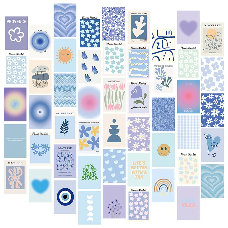 Minimalist Wall Art for Blue Room Decor Aesthetic, 50pcs Danish Pastel Wall Collage Kit Aesthetic Pictures,Aesthetic Posters