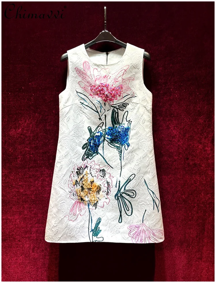 Fashion Printed Heavy Beads Sleeveless A- Line Dress 2024 Summer New Round Neck Sleeveless Slim-fit Elegant Women's Mini Dress