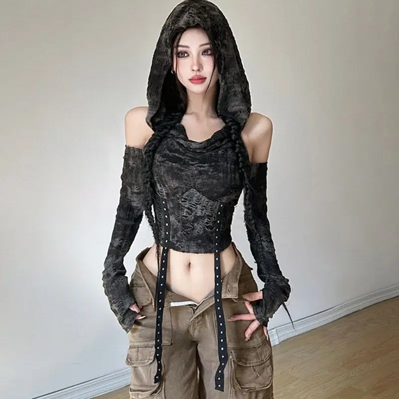 Y2K Hot Off-shoulded Slimming Hooded Long-sleeve T-shirt Black Crop Top Women Gothic Kawaii Shirt Dark Academia Aesthetic