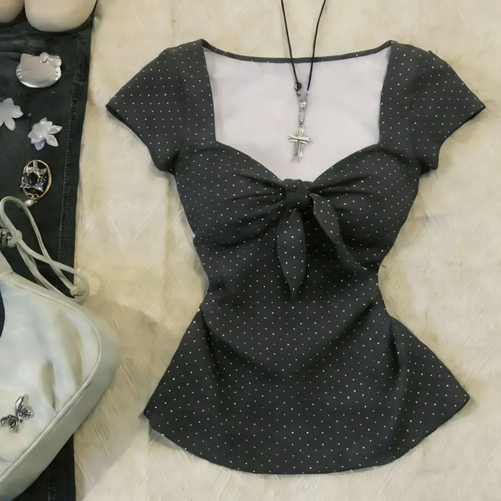 Harajuku Sweet Polka Dot T-Shirts Women Brown Bow Front Slim Short Sleeve Tee Y2K Casual Cute Tops Fashion Trendy Comfy Clothing