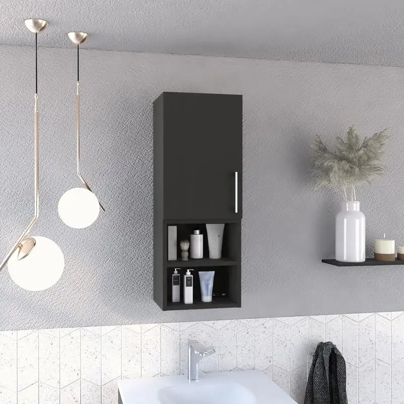 

Black Medicine Cabinet with Two External Shelves, Metal Handle, Single Door, and Two Interior Shelves