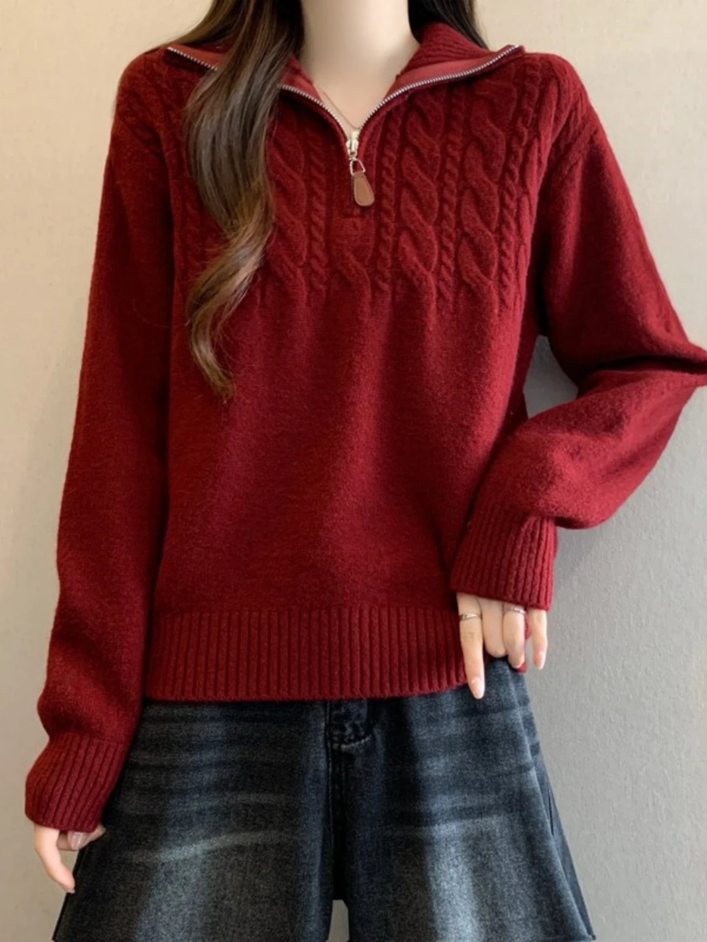 

Red Knitted Sweater with Half Zipper Collared Design for Women Spring Autumn New Style plus Size Casual Comfortable Knitwear