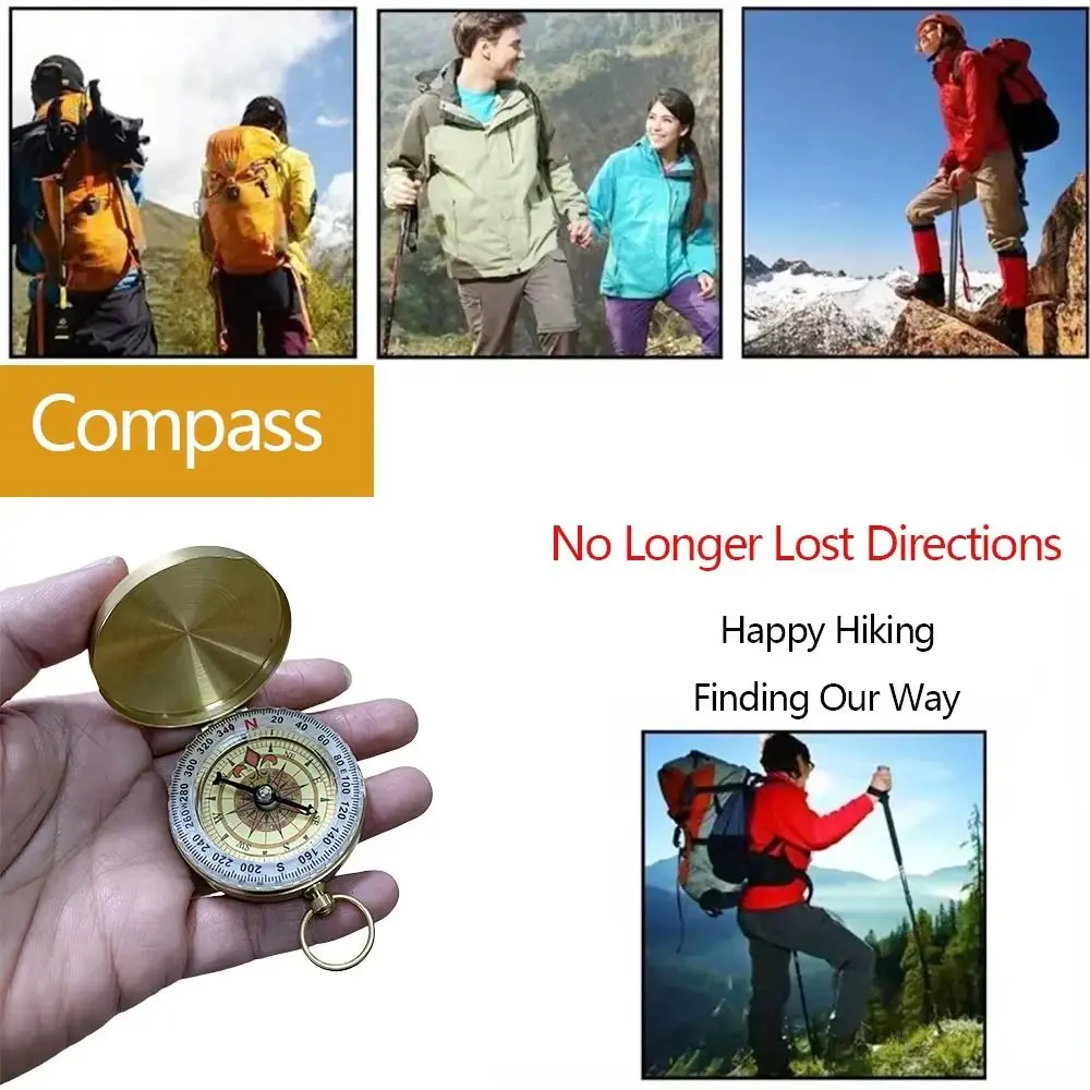 Brass Material Portable Pocket Compass Copper Gold Color Outdoor Compass Retro Style Luminous Display Camping Compass Navigation