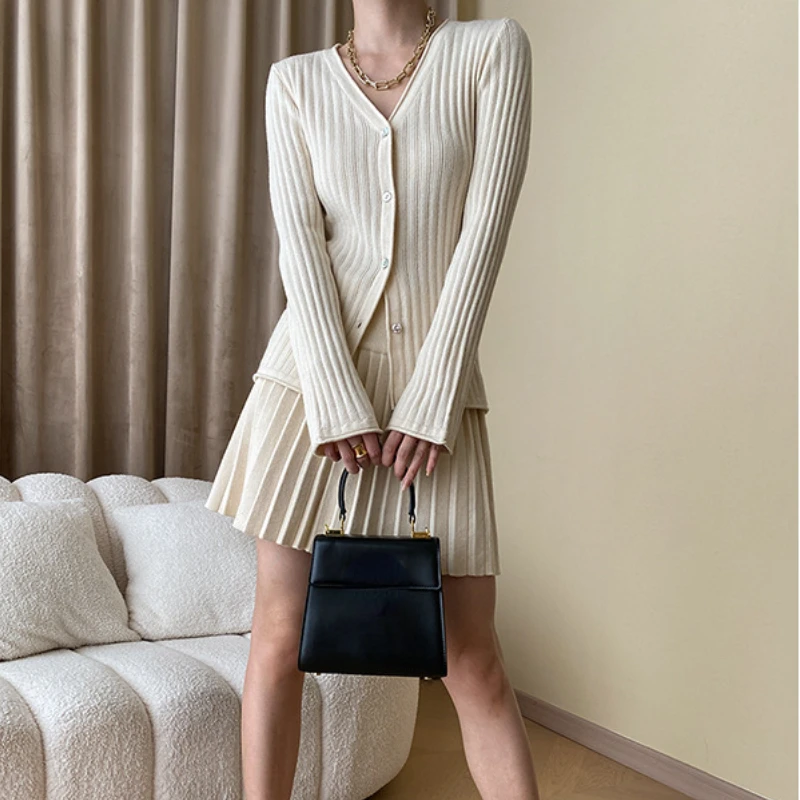 French Elegant Vintage Knitting Long Sleeve Slim Single Breasted Tops and Mini Pleated Skirts Suit High Street Outfit for Women