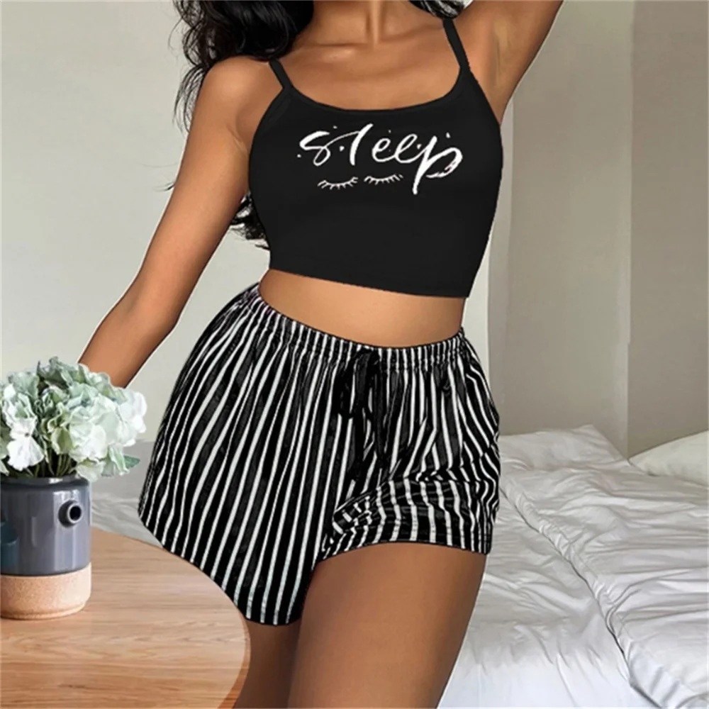 Conjunto de pijamas sexy de algodão feminino, tops e shorts, pijamas sem mangas femininos, roupas de casa fofas, verão